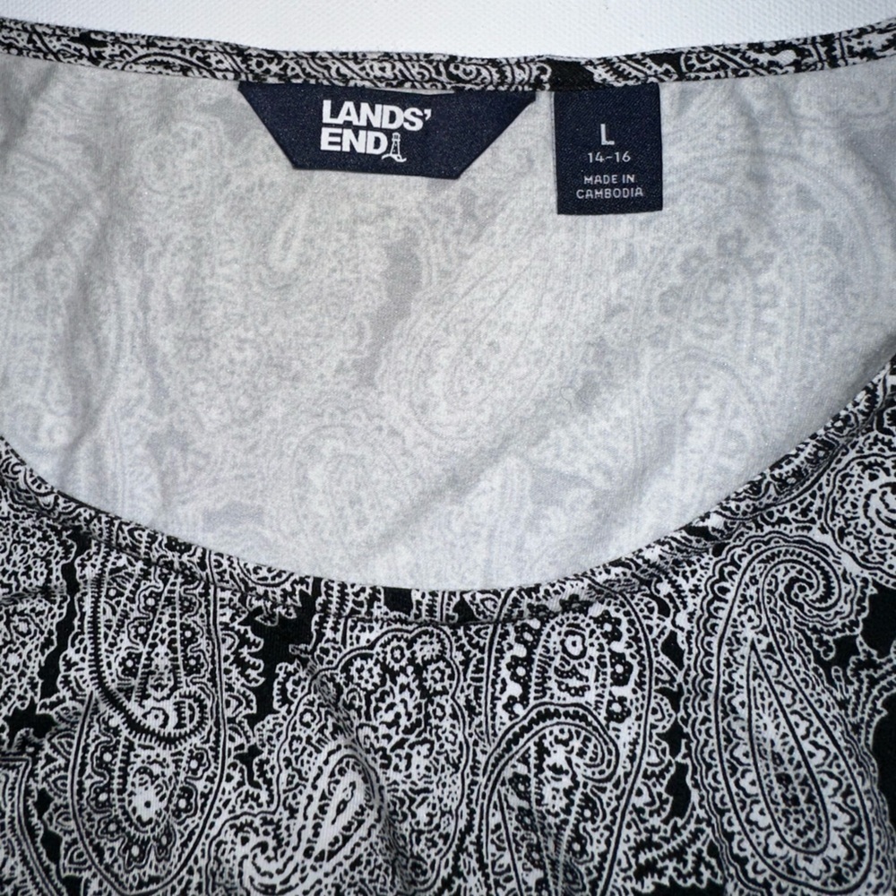Lands' End Black White Paisley Dress Size L Knee Length 3/4 Sleeve Stretchy - Picture 4 of 7